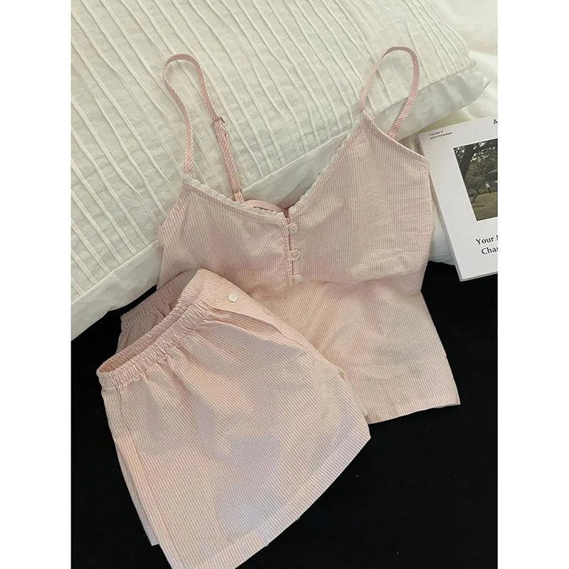 Lace Sleepwear Women Pajama Sets Striped Korean Piiama Summer Shorts Sets 2 Pieces Spaghetti Strap Night Wears Pink Home Suit