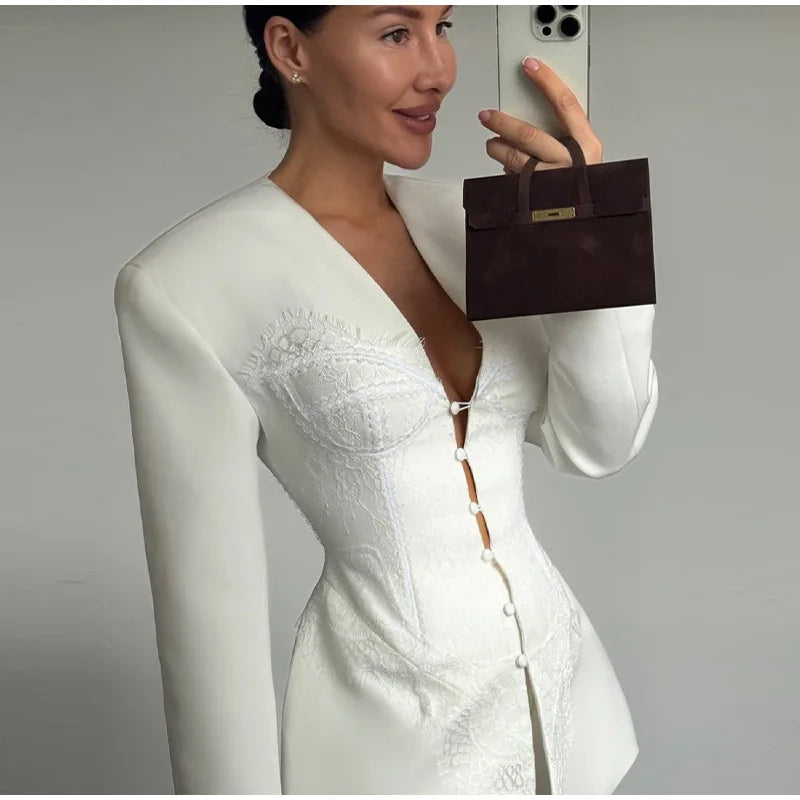 New Design Lace Patchwork Suit Jacket Women Retro Chic V-neck Single Breasted Waist-cinching Jackets Female High Street Outwear