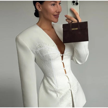 New Design Lace Patchwork Suit Jacket Women Retro Chic V-neck Single Breasted Waist-cinching Jackets Female High Street Outwear