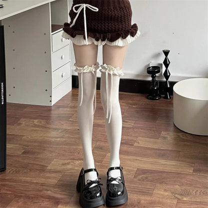 Women Black Bows Japanese Lolita Knee High Long Socks JK White Stockings Sexy Lace Thigh High Stockings Girls Kawaii Stockings