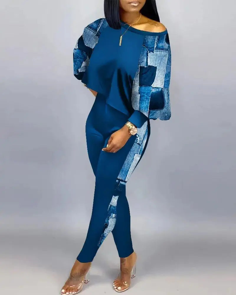 2024 New Autumn Women's Long-Sleeved Round Neck Off-Shoulder Fashion Casual Suit Pants Set Woman Coordinated Pants Sets Denim Blue