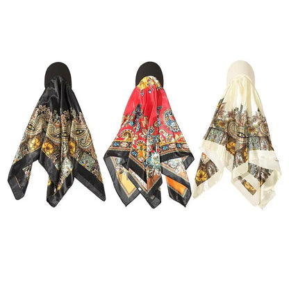 Outdoor Satin Silk Headscarf Hat with Brim 2-in-1 Sun Hat and Headband Elegant Printed Square Scarf Cap