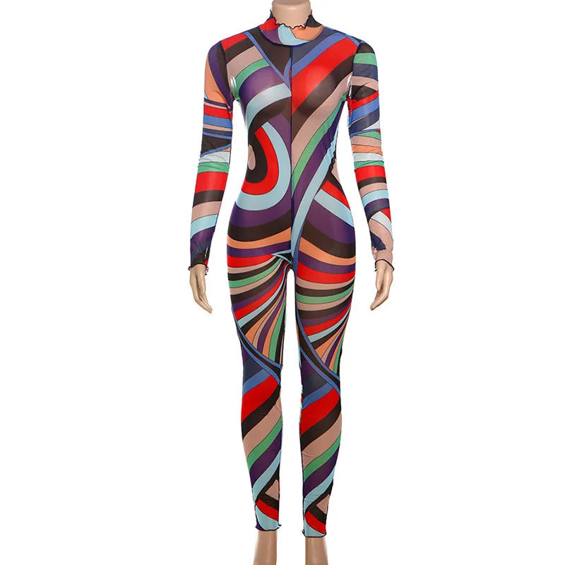 Weird Puss Sexy Colorful Print Jumpsuit Women Zip Y2K Full Sleeve O-Neck Turtleneck Autumn Trend Skinny Stretch Workout Overalls Badiee Stylez