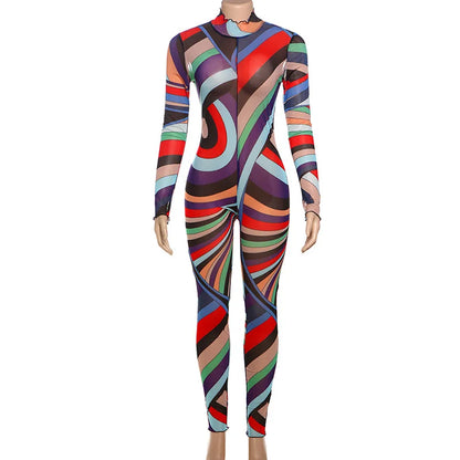 Weird Puss Sexy Colorful Print Jumpsuit Women Zip Y2K Full Sleeve O-Neck Turtleneck Autumn Trend Skinny Stretch Workout Overalls Badiee Stylez