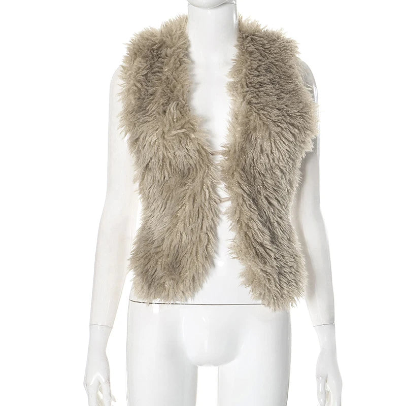 BKLD Sexy Temperament Fluffy Tops For Women High Street Y2K Nightclub Outfits Faux Fur Backless Lacing Solid 2025 Vest Waistcoat Khaki