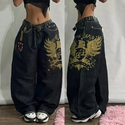 2000s Baggy Jeans Women New Harajuku Hip Hop Wing Print Oversized Jeans Gothic High Waist Wide Leg Pants Men Trousers Streetwear Badiee Stylez