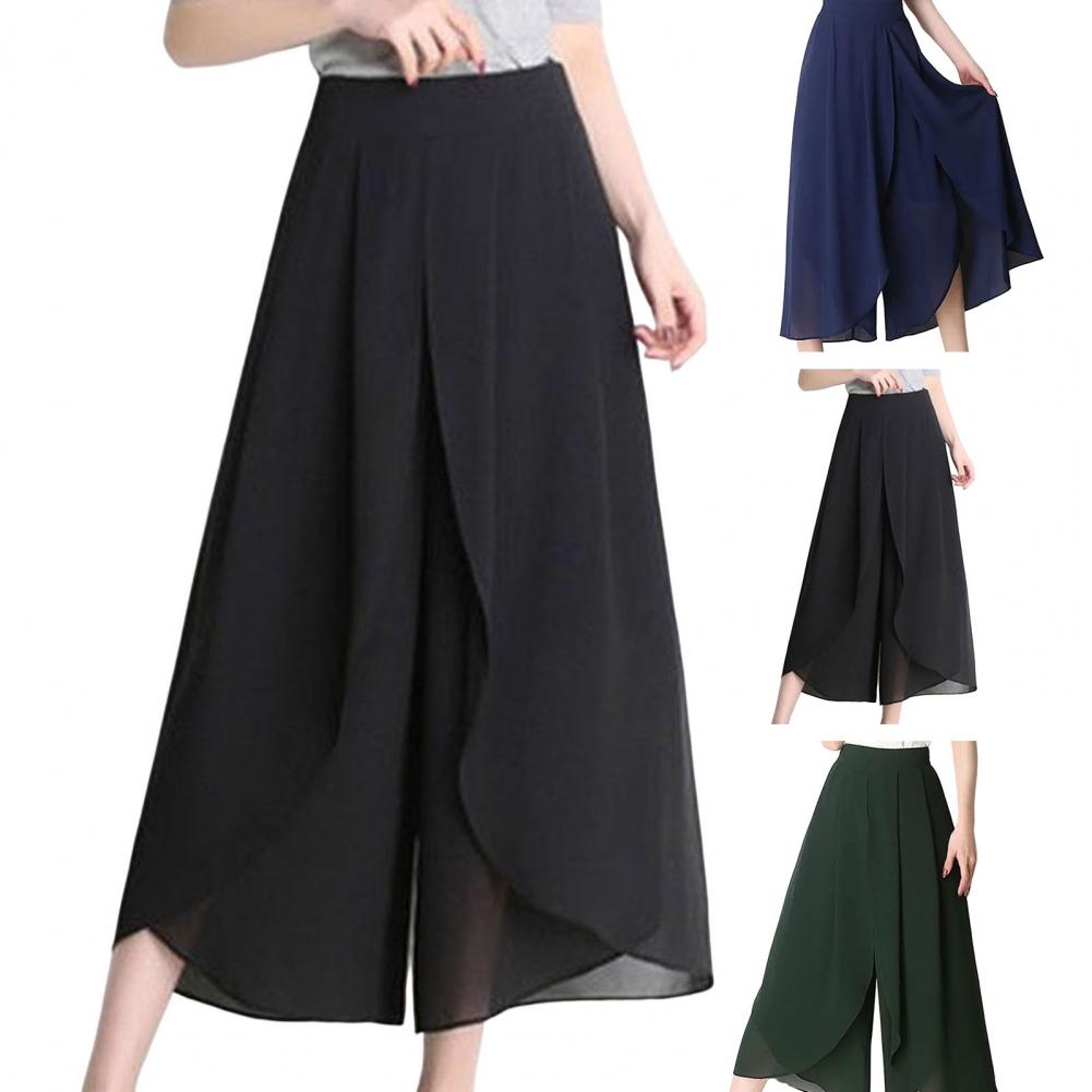 High Waist Pants See-through Chiffon Trousers Chic Women's Chiffon Skirt Pants Double Layered Wide-leg Mid-calf Cropped for A
