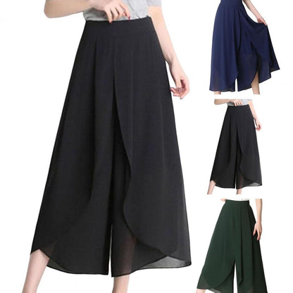 High Waist Pants See-through Chiffon Trousers Chic Women's Chiffon Skirt Pants Double Layered Wide-leg Mid-calf Cropped for A