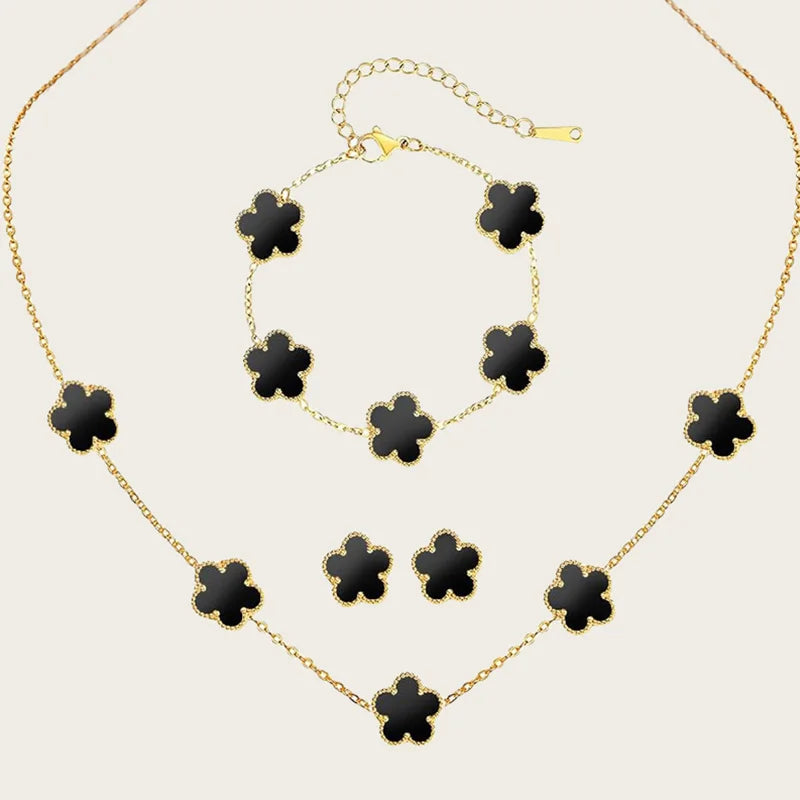 Stainless Steel Sets Earrings Necklace Bracelet Christmas Birthday Gifts Gold Plated Women's Double Sided Flower Elegant Fashion black-gold