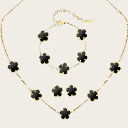 Stainless Steel Sets Earrings Necklace Bracelet Christmas Birthday Gifts Gold Plated Women's Double Sided Flower Elegant Fashion black-gold