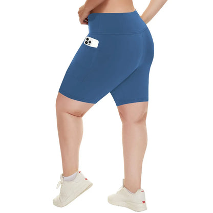 Plus Size Fit Yoga Shorts for Women's High Waist Side Pocket Workout Running Tight Stretchy Athletic Summer Fashion Slim Shorts