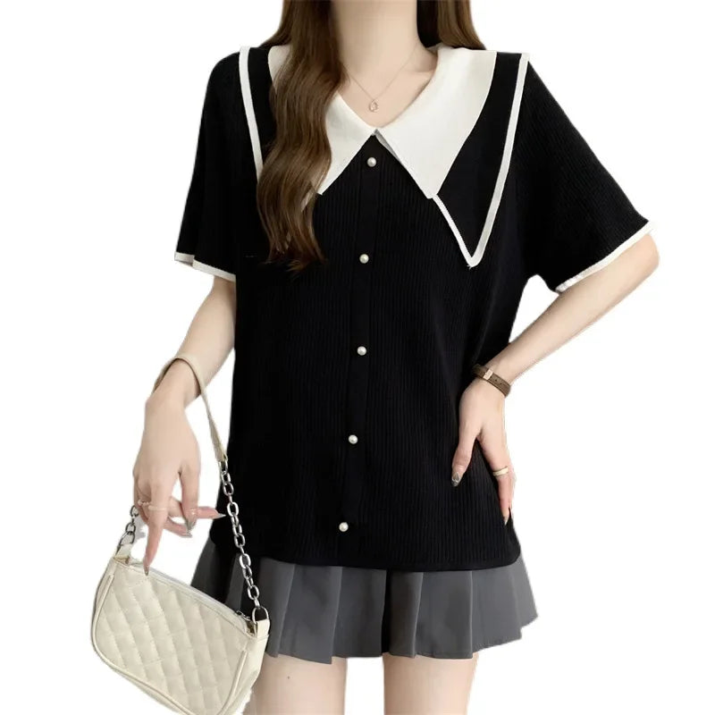 Plus Size Summer Knitted Short Sleeve T-Shirt Double Collar Polo Neck Loose Fit Meat Concealing Top for plus Size Women