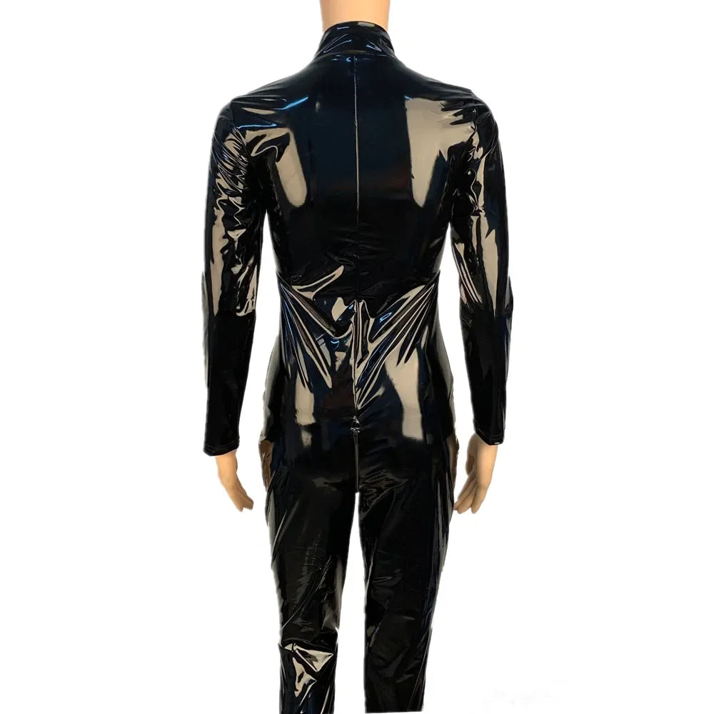 Women's Wet Look Shiny PU Faux Leather Jumpsuit Suit Long Sleeve Zipper Open Crotch Latex Bodysuit Clubwear Plus Size Badiee Stylez