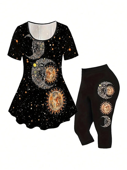 Plus Size Sun & Moon Print Capris Leggings Set, Crew Neck Short Sleeve T-shirt & Capris Leggings, Women's Plus Size Clothing Black