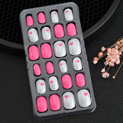 24Pcs Children Cartoon Nail Tips Colorful Cute Rabbit Pink Stars 6-14 Years old Girl Fake Nail With Jelly Glue Kids False Nail TD060-06