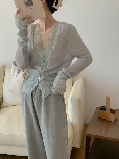 High-fashion Kawaii Botton Up Lace Patchwork Knitted Cardigan Women Autumn Winter Ladies Elegant Vintage Sweater Cheap Wholesale