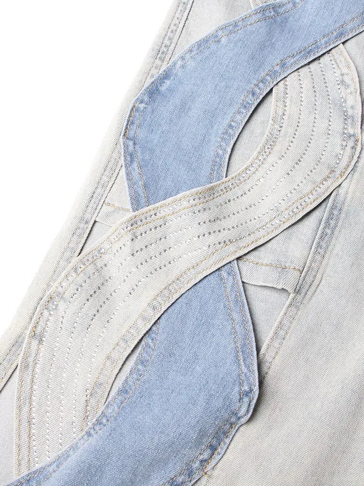 VGH Crisscross Hit Color Streetwear Denim Trousers For Women High Waist Patchwork Pockets Hollow Out Split Pants Female 2024