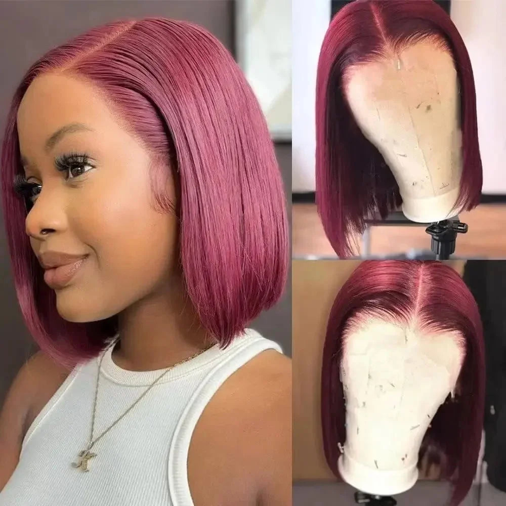 99J Burgundy Straight 13x4 Lace Frontal Bob Wigs Brazilian 100% Human Hair For Women WineRed Lace Front Human Hair Wig Short Bob Badiee Stylez