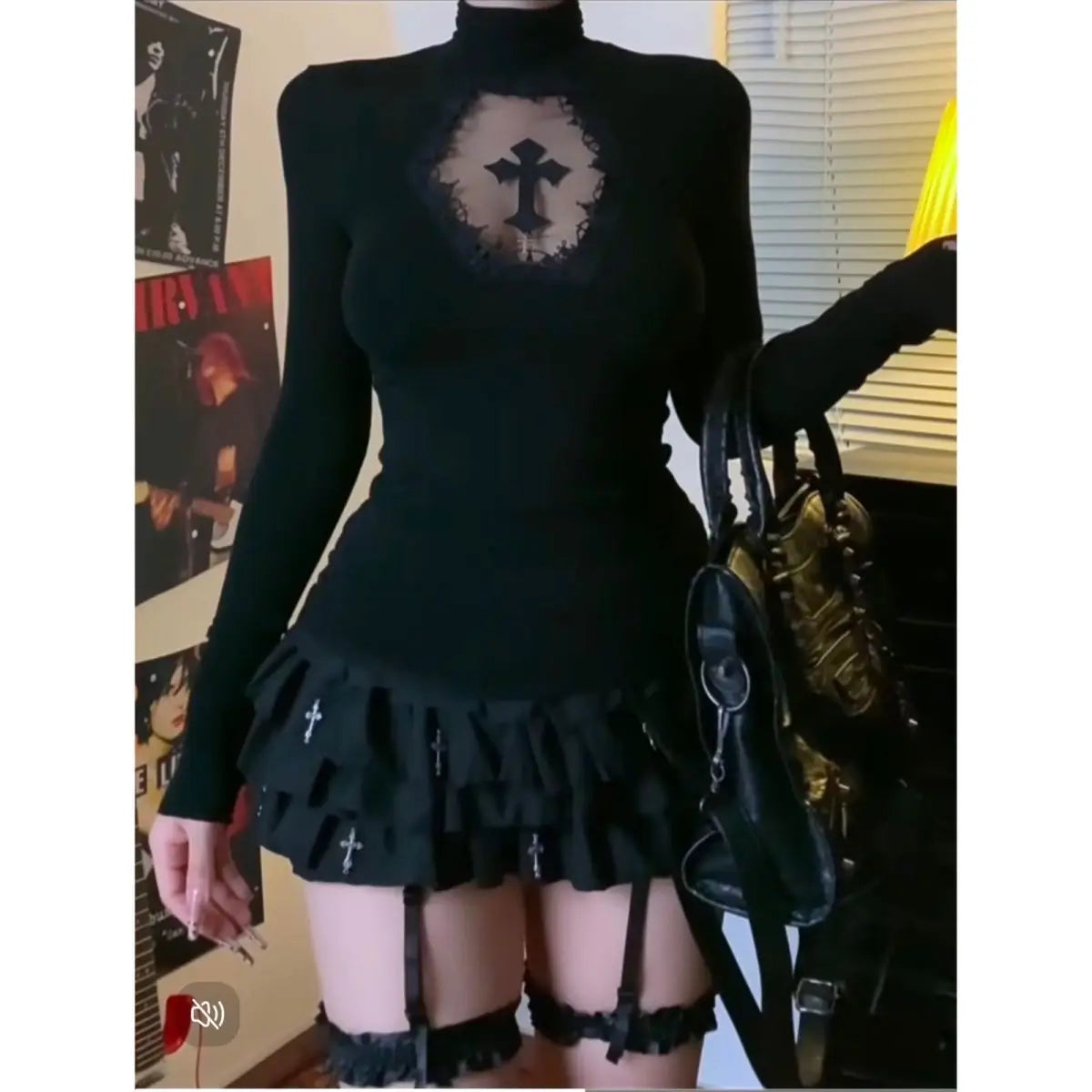 Sexy Woman Y2k Clothing Goth Cross Hollow Out Tshirt Slim Punk 2000s Hot Girl Lace Long Sleeves High Collar Harajuku Vintage Top
