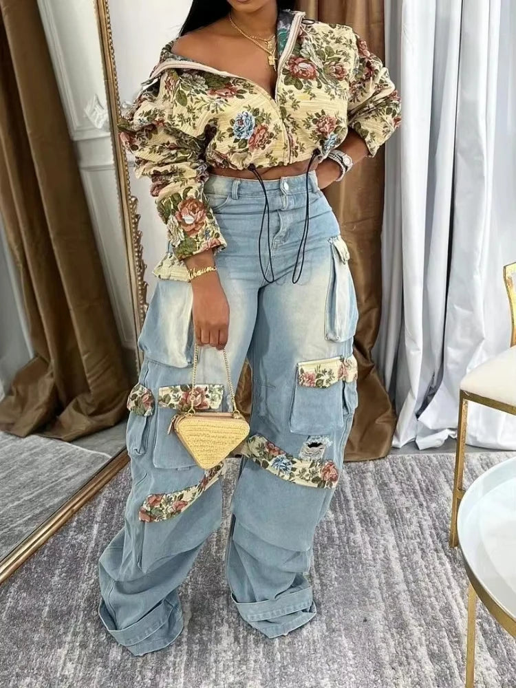 BWQ Washed Denim Women's Set Full Sleeve Floral Jacket and Pockets Cargo Jeans Pants Suit 2025 Street Two 2 Piece Set Outfit Sets