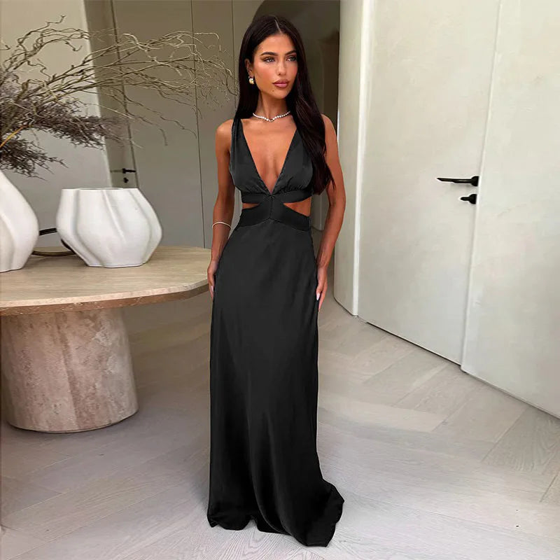 Tornova Deep V neck Hollow Long Dress Female Sleeveless Slit Beach Vacation Dress Solid Color High Waist Bodycon Women's Dress