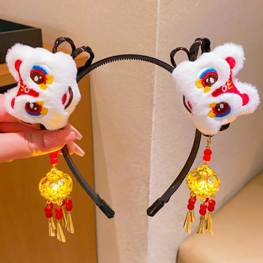 Glowing Hanfu Wig Headband Flower Tassel Chinese Style Luminous Lantern Headband Cute Red New Year Headdress New Year Dress Up Style 5