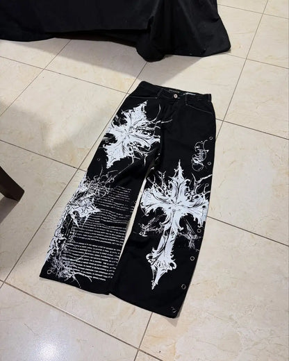 New Hip-hop Punk Harajuku Y2K Streetwear Trousers Women Goth Cross Print Baggy Jeans American Retro High Waist Wide-leg Pants AA 1