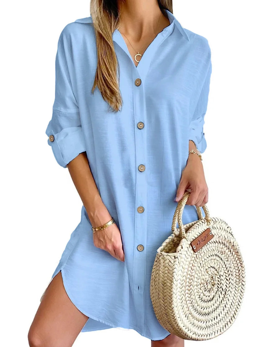 Elegant Women's White Spring And Autumn Casual Long Sleeved Lapel Button Up Shirt Dress 2024 Fashionable Woman Loose Mini Dress Badiee Stylez