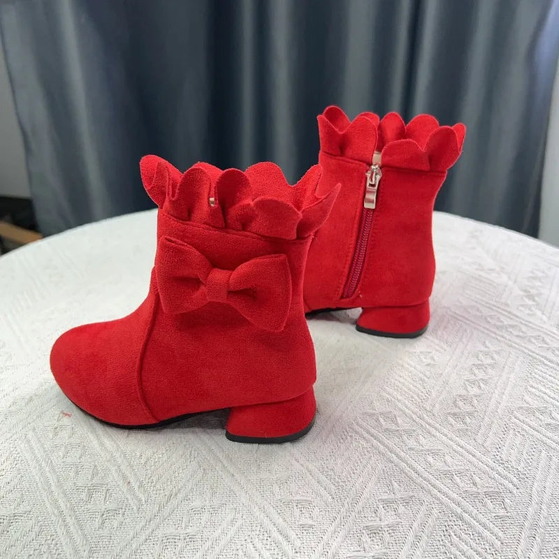 Spring Autumn Bow Girls Fashion Toddler Boots PU Leather Low Heel Kids Princess Boots Party Zip Children Ankle Baby Girl Shoes
