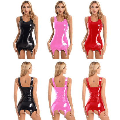 Sexy Women Wetlook Leather Tank Bodycon Dress Latex Sleeveless Mini Dresses Clubwear with Metal Clips Party Club Clothes Femme