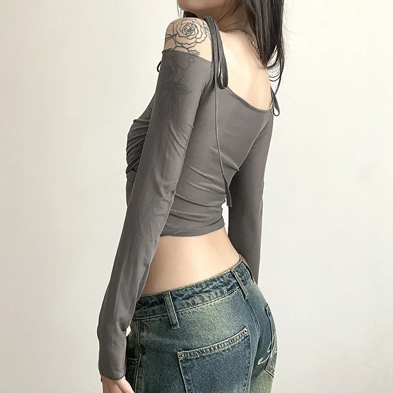 Solid Slash Neck Crop Tops Sexy Off Shoulder Straps Long Sleeve T-Shirts Slim Mesh Tees Y2K Streetwear Women