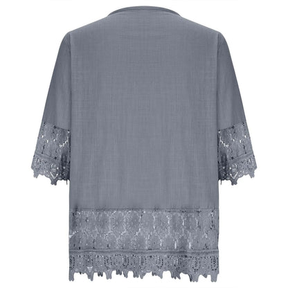 Summer Women Casual Solid Tops Shirt Cotton And Linen Stitching Lace Flower V-neck Loose Top Blouse New Elegant Holiday Shirts