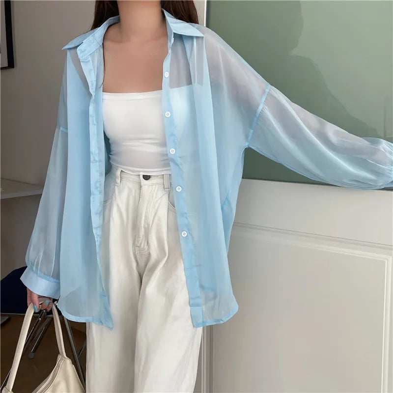 Semi Sheer Long Sleeve Shirt for Women Shimmer Button Down Collared Plain Lightweight Shirt Spring Summer Chic Tops Outfit