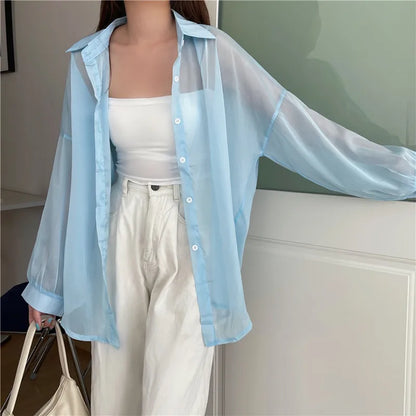 Semi Sheer Long Sleeve Shirt for Women Shimmer Button Down Collared Plain Lightweight Shirt Spring Summer Chic Tops Outfit