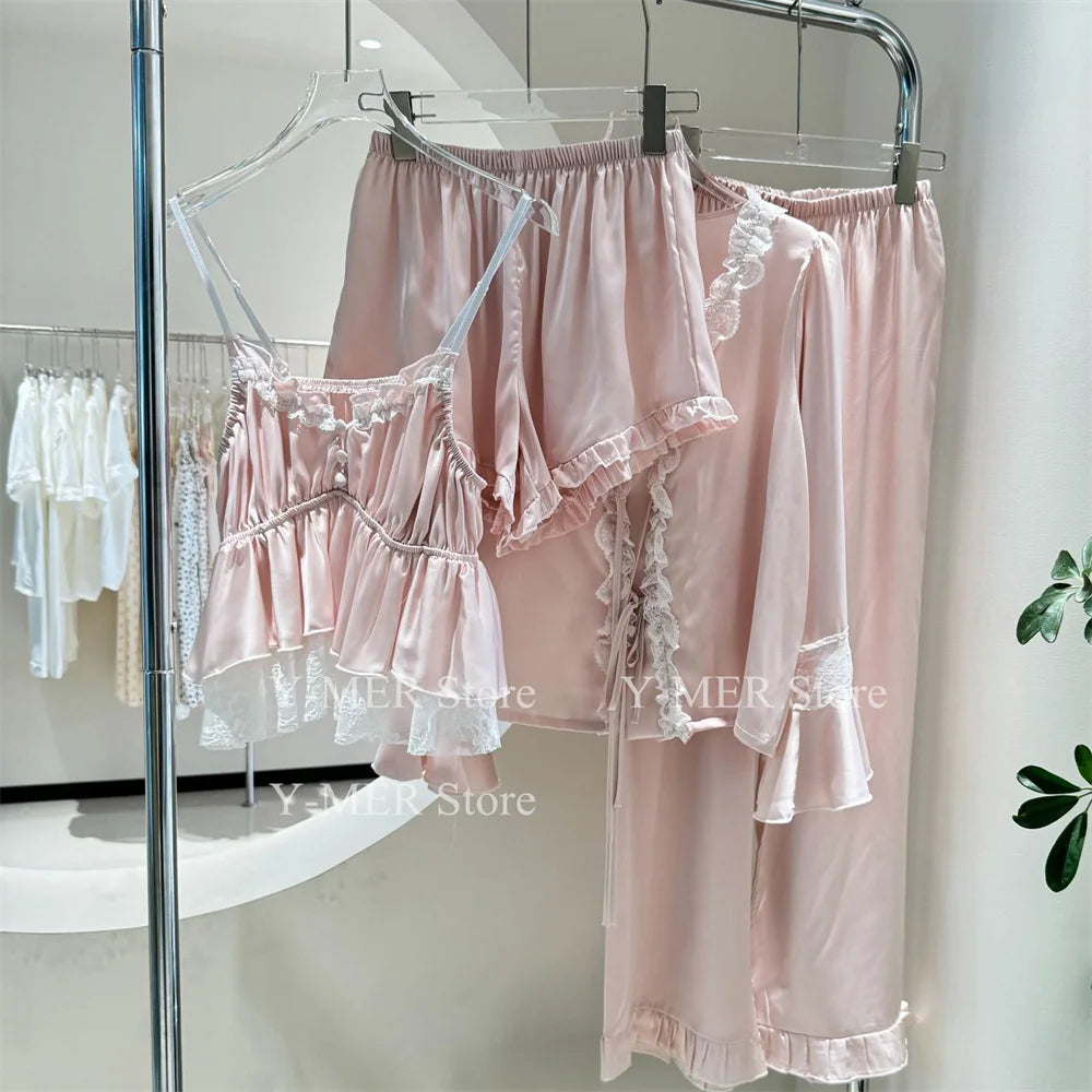 Blue Pajamas Set Elegant Home Clothes Ice Silk Sleepwear Women Loose Trousers Suit Four Seasons Loungewear Sexy Lace Nightgown Pink A