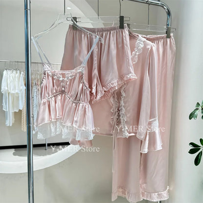 Blue Pajamas Set Elegant Home Clothes Ice Silk Sleepwear Women Loose Trousers Suit Four Seasons Loungewear Sexy Lace Nightgown Pink A