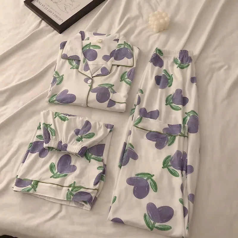 Three-Piece Set of Ladies Pajamas Short Sleeve Long Pants Student Loungewear Cartoon Cardigan Short Sleeve Shorts Cute Pajamas Purple