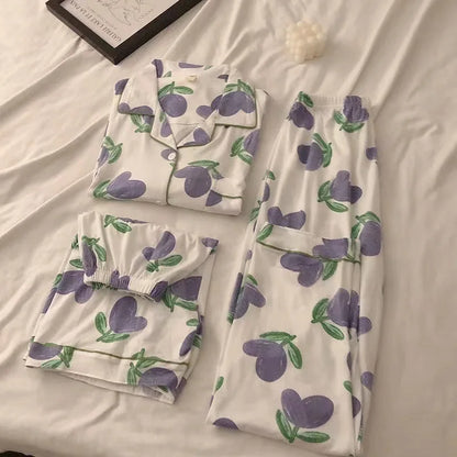 Three-Piece Set of Ladies Pajamas Short Sleeve Long Pants Student Loungewear Cartoon Cardigan Short Sleeve Shorts Cute Pajamas Purple