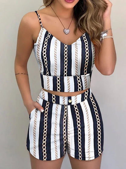 Print Spaghetti Strap Crop Top & Short Sets Casual Summer 2 Piece Outfits for Women Chain