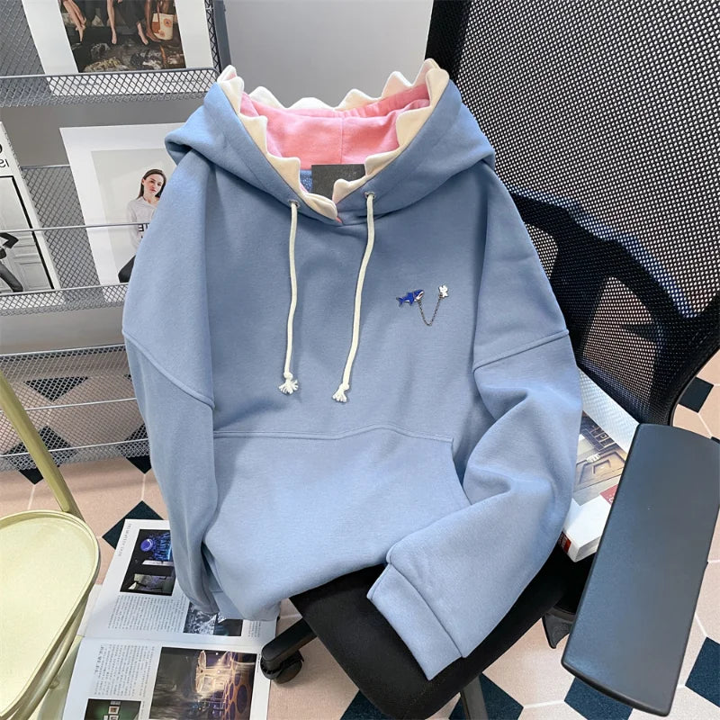 Hikigawa Chic Fashion Women Shark Hooded Sweatshirts Outerwear Autumn New Vintage Casual All Match Hoodies Coats Tosp Mujer