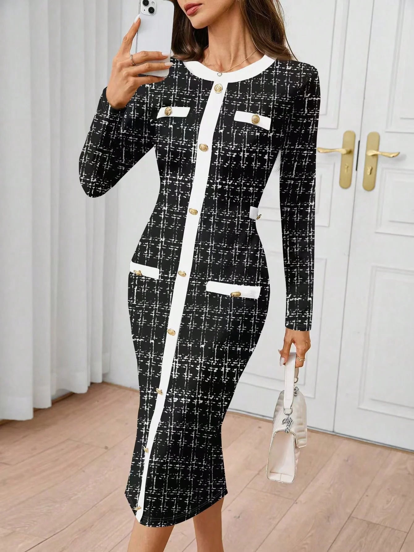 New spring wear, elegant and stylish women's dress, fitted and body-hugging skirt, mid-length dress with printed sweate Badiee Stylez