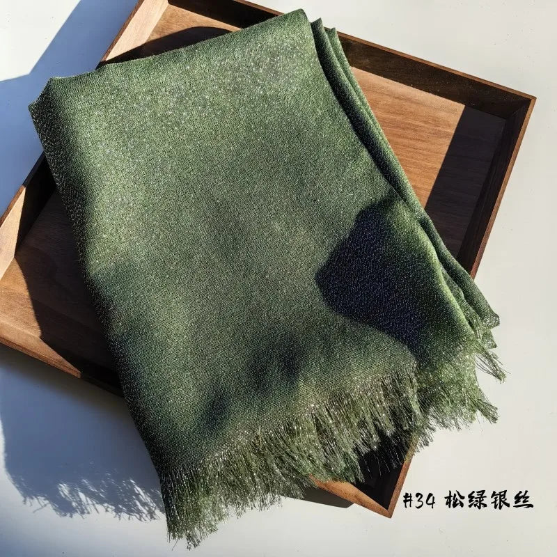 Lastest Brand Design Scarf Shiny Solid Color Shawls Rayon Fabric Gold Silk Silver Wire Head Shawl Fringe Hijab For Women 34