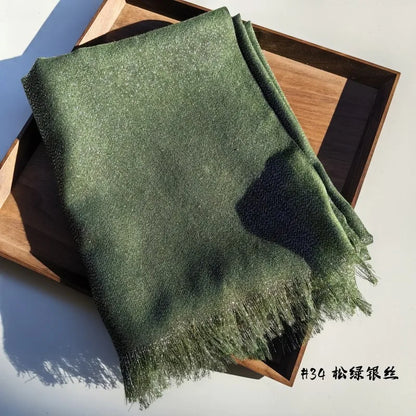 Lastest Brand Design Scarf Shiny Solid Color Shawls Rayon Fabric Gold Silk Silver Wire Head Shawl Fringe Hijab For Women 34