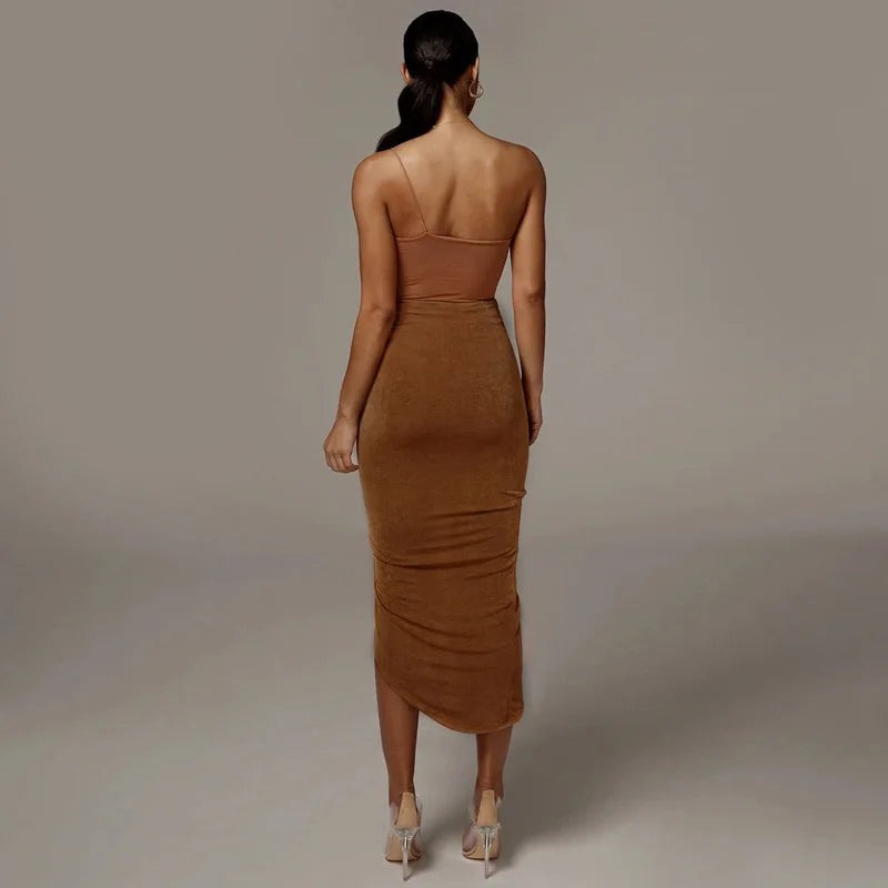 Women New Asymmetrical Shirring Skirt High Waist Pleated Fashion Pencil Skirt Summer Solid Wrap Hip Sexy Slim Irregular Skirts