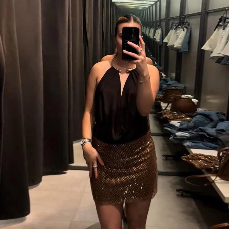 Sexy Metal Halter Deep V-neck Jumpsuits Women High Street Backless Sleeveless Short Bodysuit 2025 Summer New Lady Slim Clubwear