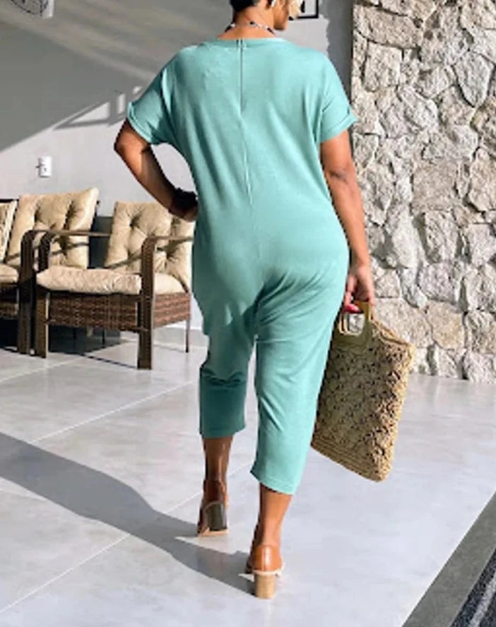 Round neck short sleeved pocket design jumpsuit for women, fashionable and casual casual loose cropped pants for women Badiee Stylez
