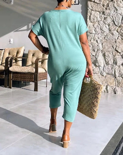 Round neck short sleeved pocket design jumpsuit for women, fashionable and casual casual loose cropped pants for women Badiee Stylez