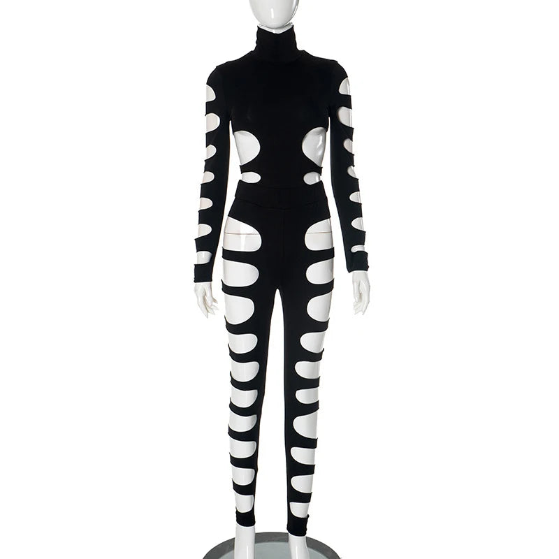 OMSJ Asymmetric Hot Girl Personality Set Hollowed Out Design Long Sleeve High Collar Bodysuit+Elastic Waist Leggings Pants Party black