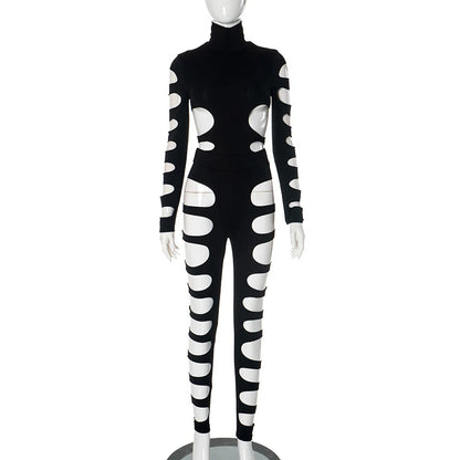OMSJ Asymmetric Hot Girl Personality Set Hollowed Out Design Long Sleeve High Collar Bodysuit+Elastic Waist Leggings Pants Party black