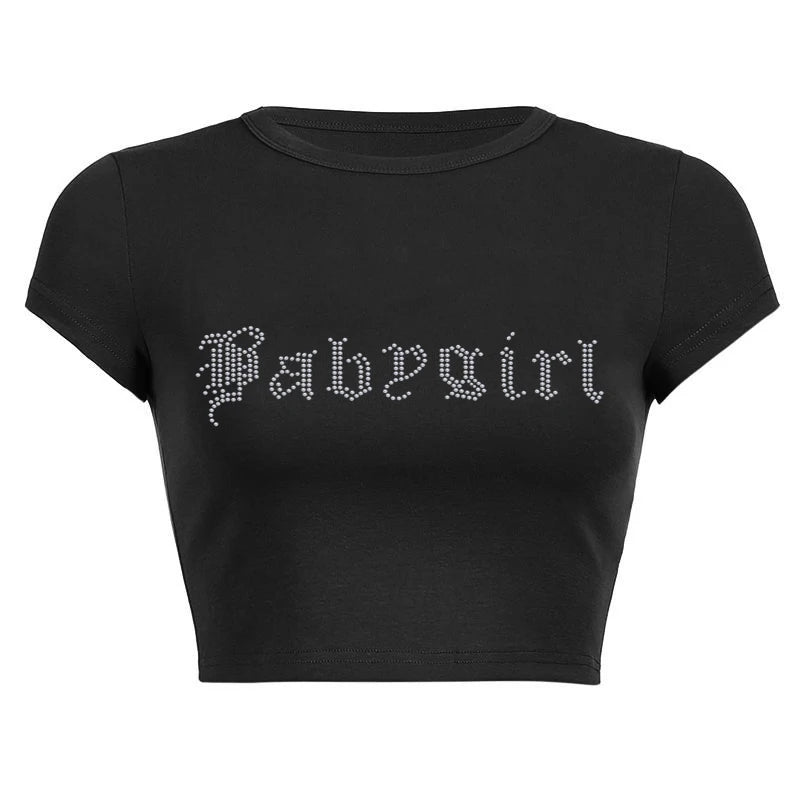 Rhinestone Punk Vintage Baby Girl Letters T-shirt Black Gothic Y2k Clothes Summer Tops Harajuku Short Sleeve Crop Tops Baby Tees tz086-black